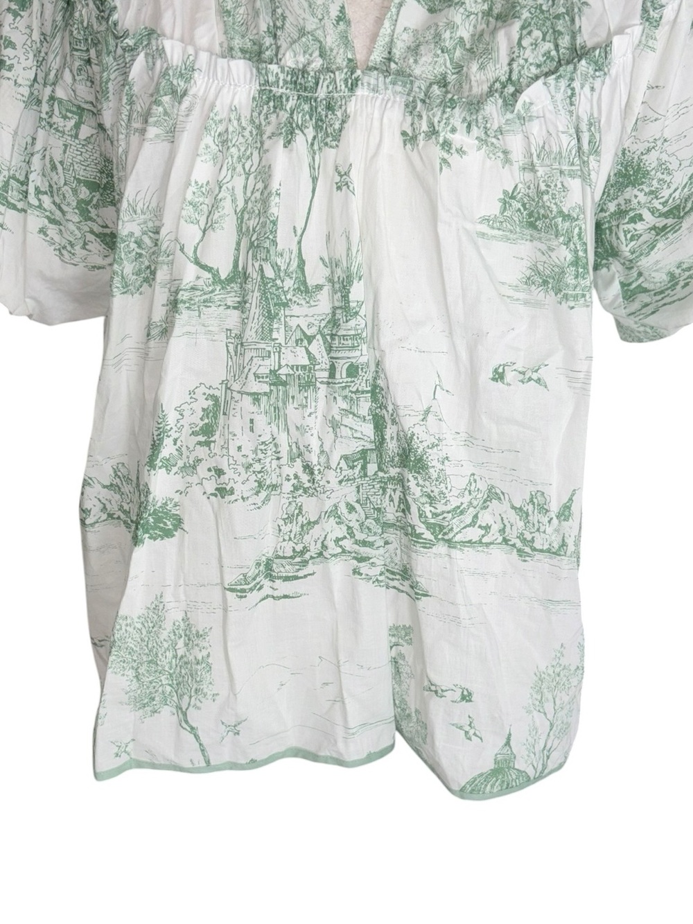 LN Umgee Green White Toile Print Puff Sleeve Poplin Blouse in Sea Green - S - Picture 5 of 13